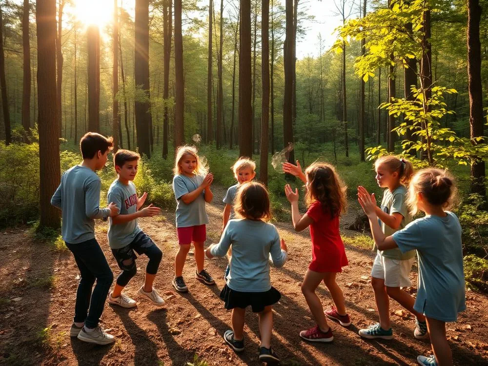 Vaikai kūrybinių užsiėmimų metu miške
